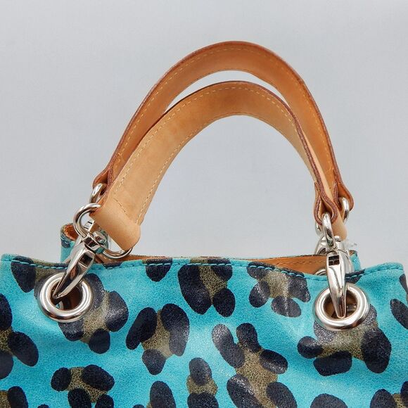 Maurizio Taiuti Italy Blue Leopard Print Pebbled Leather Purse Top Handle Bag - Picture 6 of 12